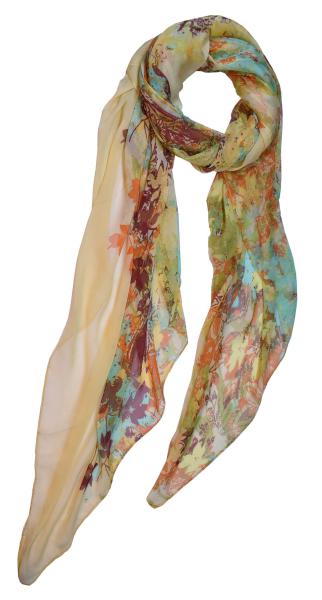 Scarf 100% Silk Chiffon Festive Colorful Tree Leaves Gold Yellow Braun Green